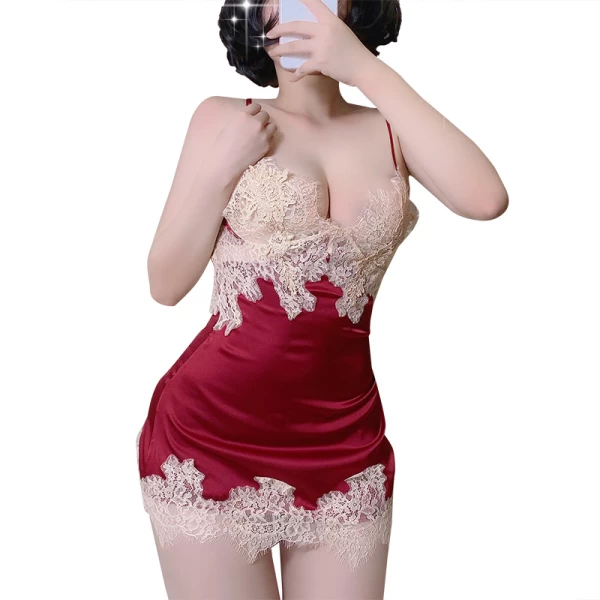 Lace Babydoll Chemise Sleepwear Open Back Set Burgundy